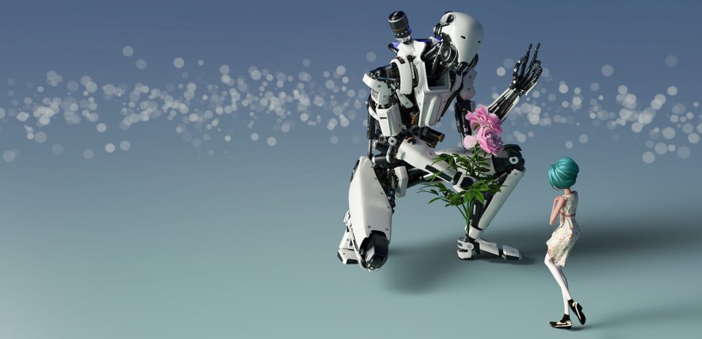 the girl and the robot, robot, flower
