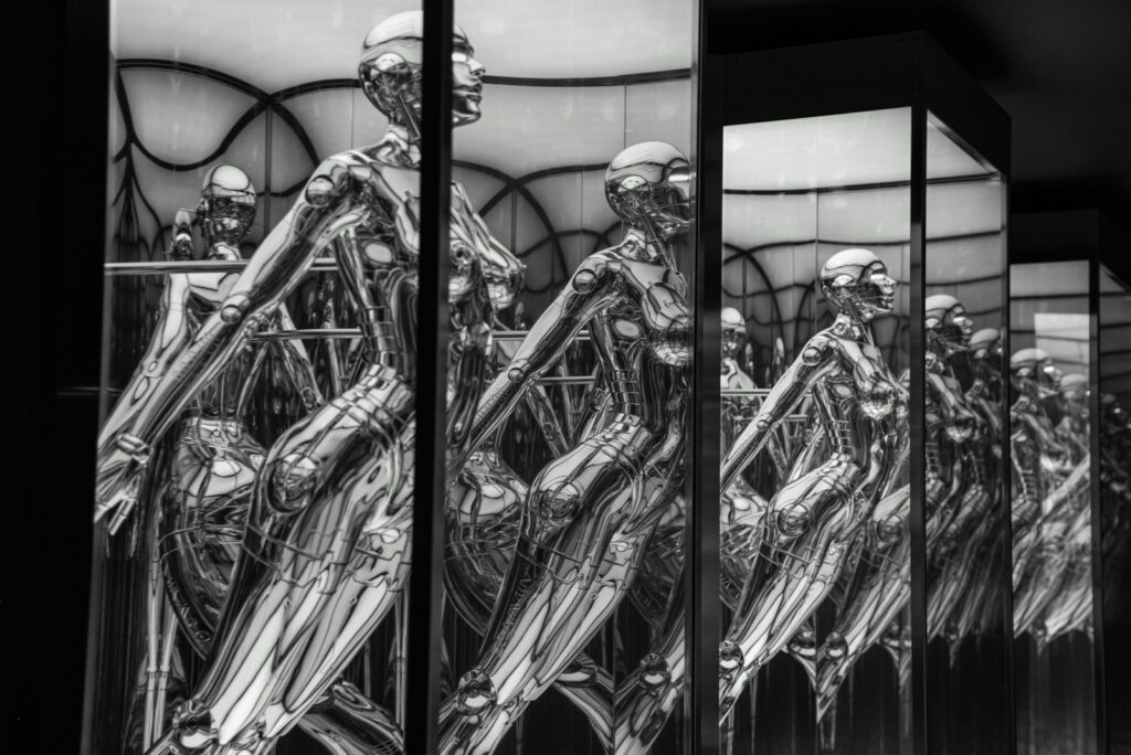 a black and white photo of a group of skeletons