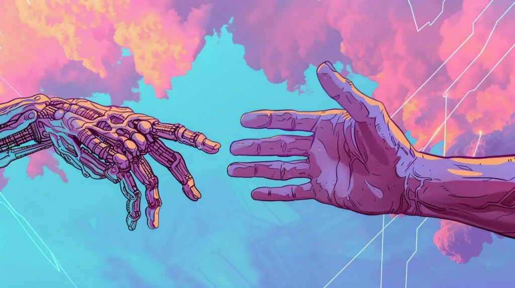 synthetic, organic, handshake, future, human, robot, connection, cybernetic, flesh, duality, existence, embrace, technology, humanity, futuristic, unity, man, machine, art, conceptual, pink, clouds, design, nature, drawing, concept, ai generated