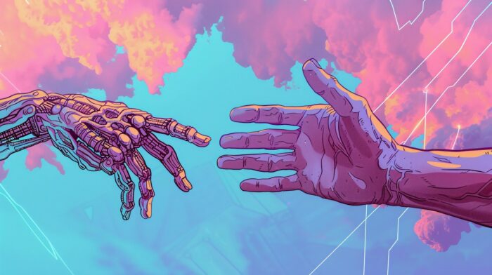 synthetic, organic, handshake, future, human, robot, connection, cybernetic, flesh, duality, existence, embrace, technology, humanity, futuristic, unity, man, machine, art, conceptual, pink, clouds, design, nature, drawing, concept, ai generated