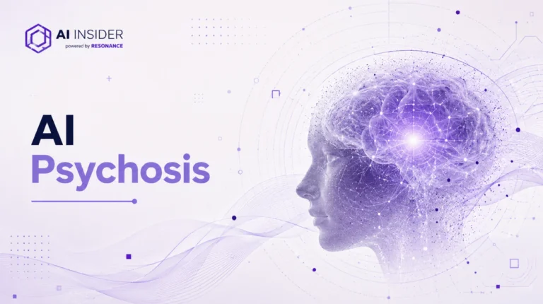 Illustration for an article on AI psychosis featuring a stylized human profile formed from interconnected digital particles and neural-network lines.