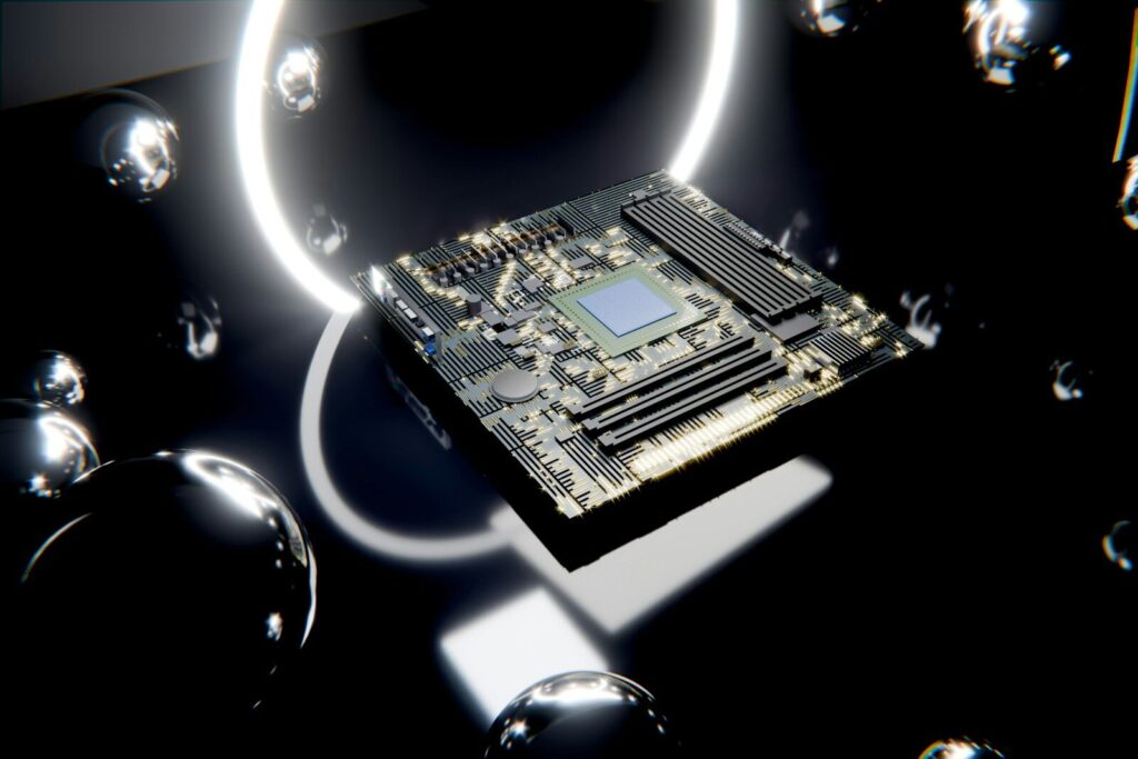A computer motherboard with a cpu surrounded by glowing elements.