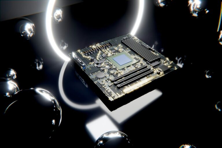 A computer motherboard with a cpu surrounded by glowing elements.