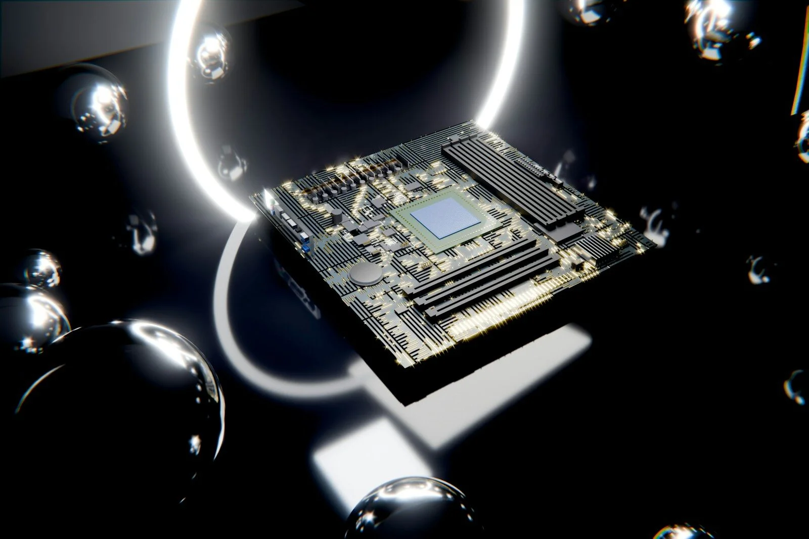 A computer motherboard with a cpu surrounded by glowing elements.