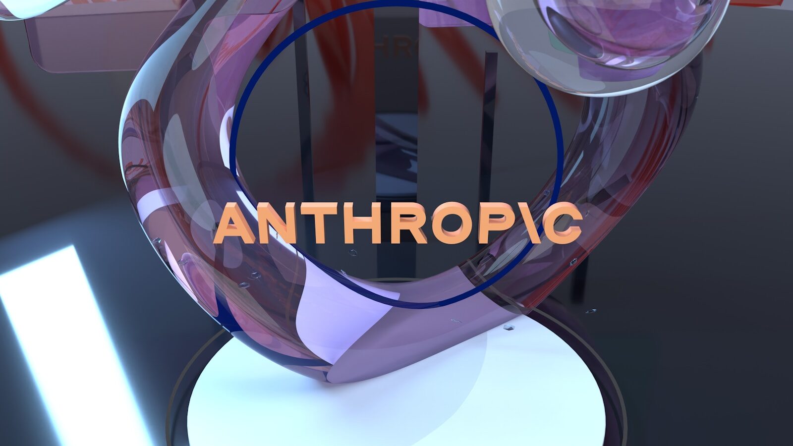 Anthropic text with abstract transparent purple and orange shapes.