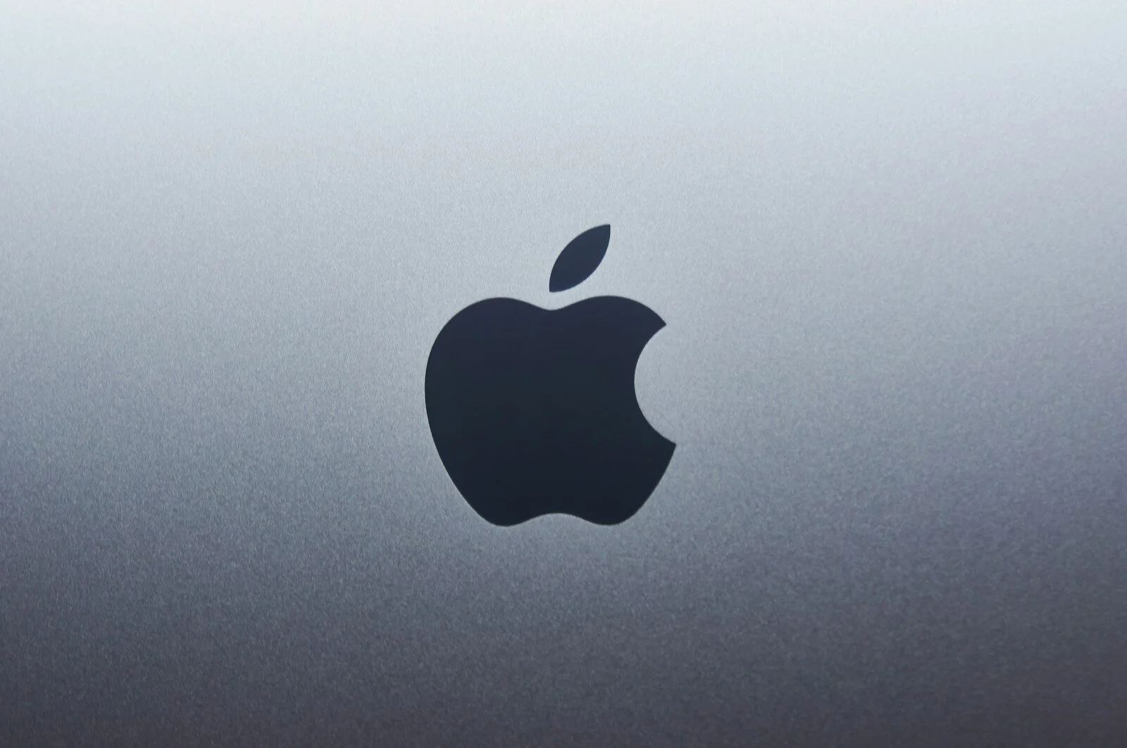 A dark apple logo centered on a smooth grey metallic surface