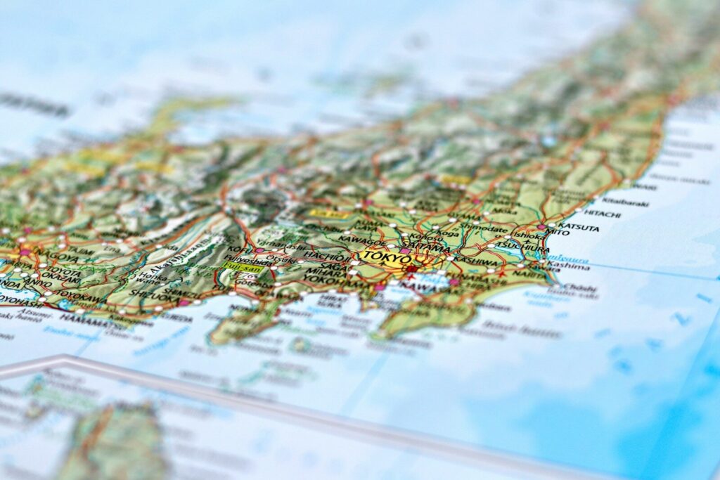 a close up of a map of Japan