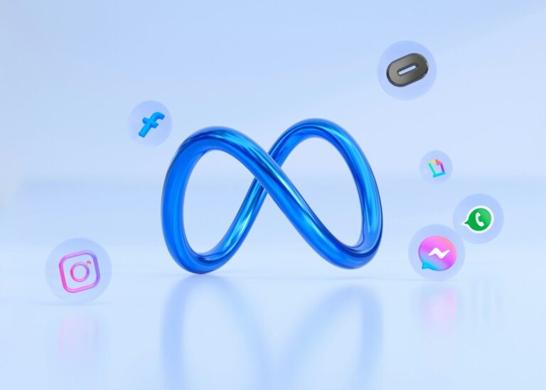 A metallic blue infinity symbol surrounded by floating social media and technology icons