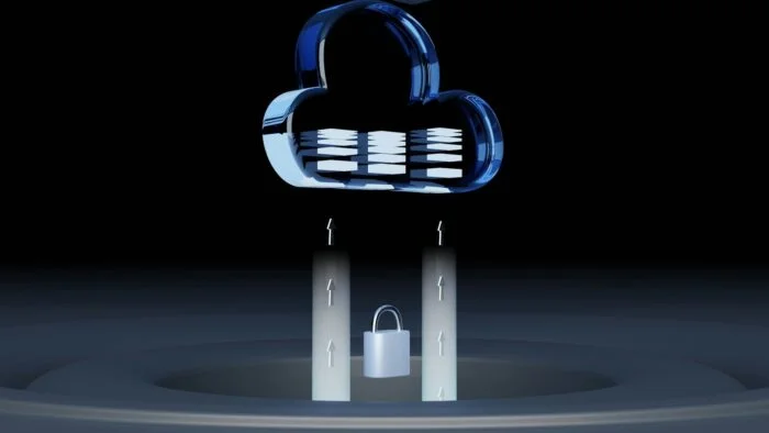 A blue glass cloud icon with data layers above a silver padlock