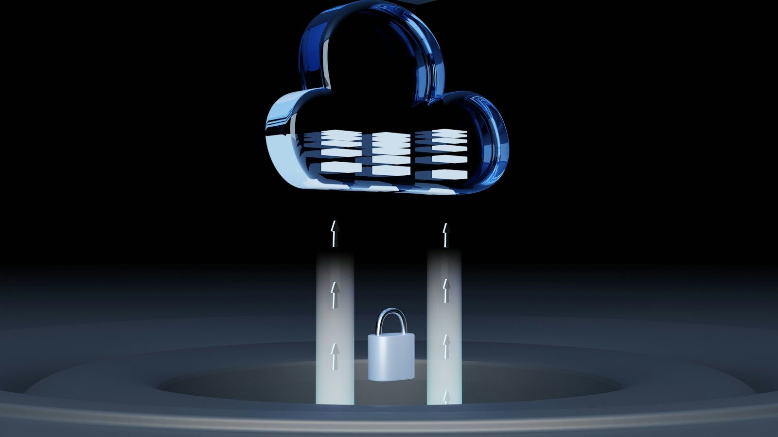 A blue glass cloud icon with data layers above a silver padlock