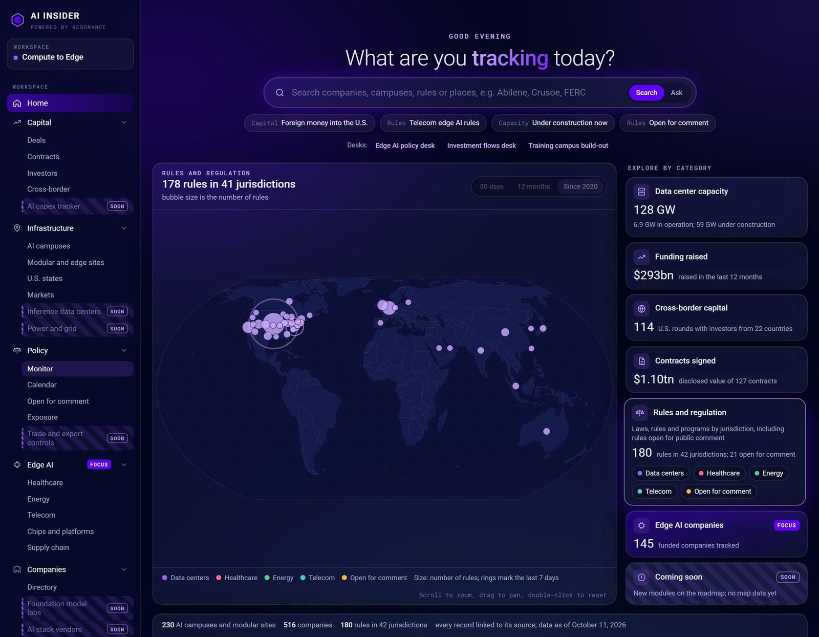 Rules and regulation view: rules by jurisdiction on a world map